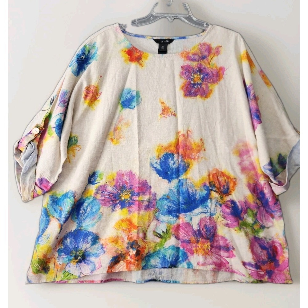 Ali Miles Shirt Top Women 2X Art To Wear Button Festival Linen Blend Floral  NWT